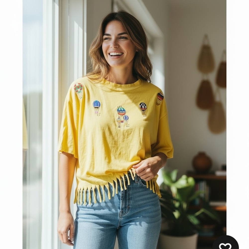 VTG Womens Tshirt Sz XL Yellow Patch Hot Air Balloon Embellished Top Whimsical